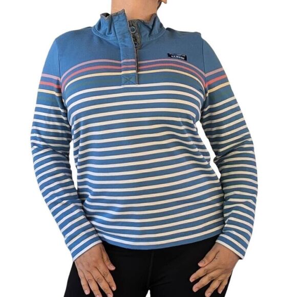 L.L. BEAN Coastal Stripes 1/4 Button Long Sleeve Rugby Pullover Sweatshirt Sz L - Picture 1 of 7